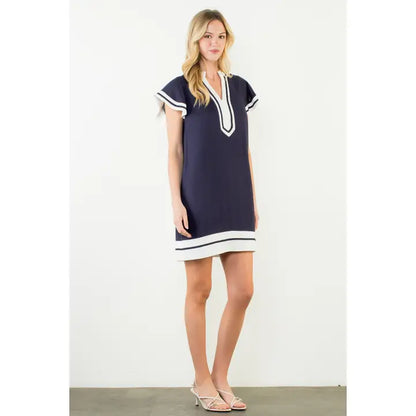 Flutter Sleeve V-Neck Dress - Navy