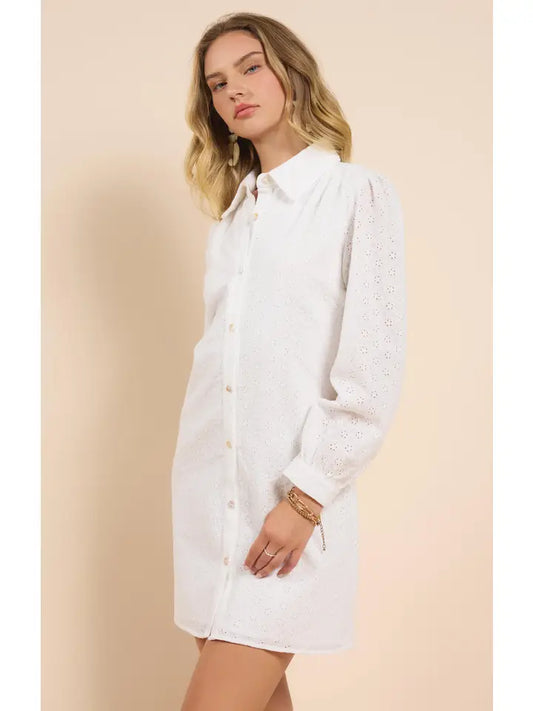 Sundream Eyelet Shirt Mini Dress - White - BAY WINDOW