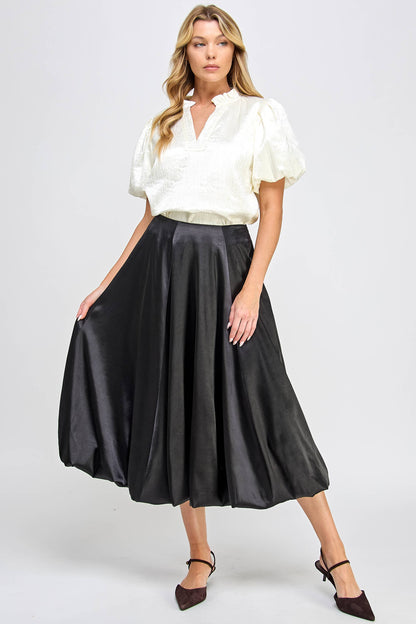 Satin Balloon Midi Skirt - Black