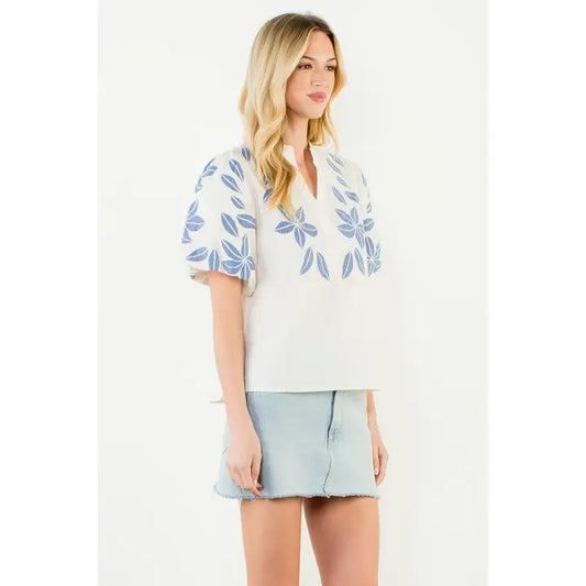 Puff Sleeve Floral Embroidery V-Neck Top - Cream