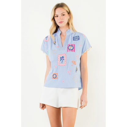Short Sleeve Embroidery Detail Gingham Top - Blue