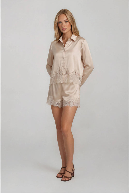 Lace Trim Hem Long Sleeve Top -Champagne