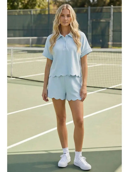 Scallop Edge Collar Tunic Top and Shorts Set - Light Blue