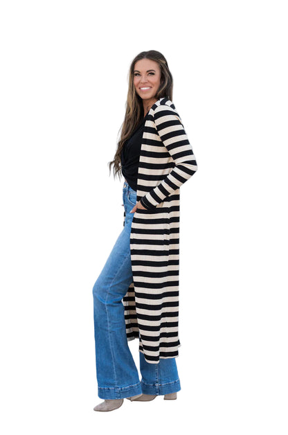 Soul Sisters Striped Rib Knit Long Cardi - Black/Ivory