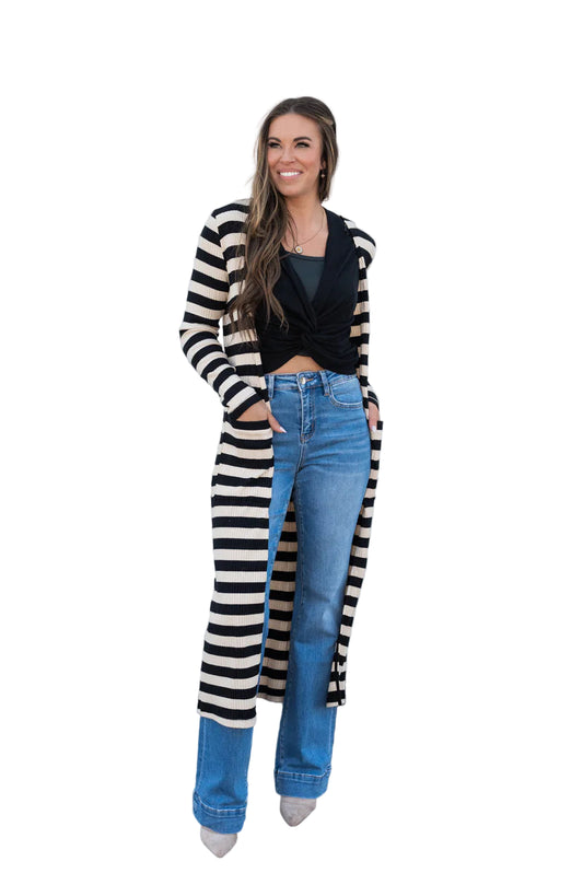 Soul Sisters Striped Rib Knit Long Cardi - Black/Ivory