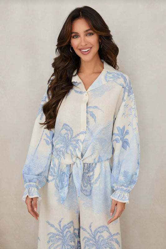 Tropical Palm Tree Button Down Long Sleeve Tie Top - Cream/Blue
