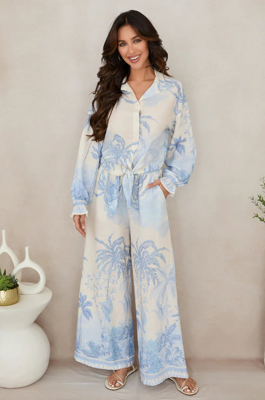 Tropical Palm Tree Button Down Long Sleeve Tie Top - Cream/Blue