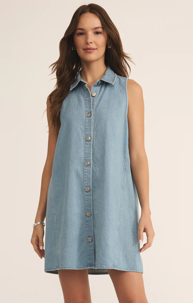 New Day Twill Mini Dress - Light Vintage Indigo - BAY WINDOW