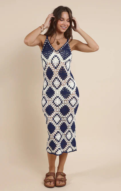 Take Flight Crochet Midi Dress - White/Navy - BAY WINDOW