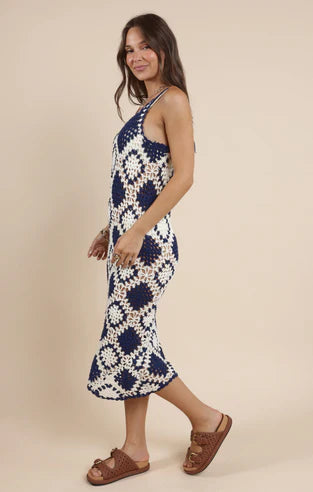 Take Flight Crochet Midi Dress - White/Navy - BAY WINDOW