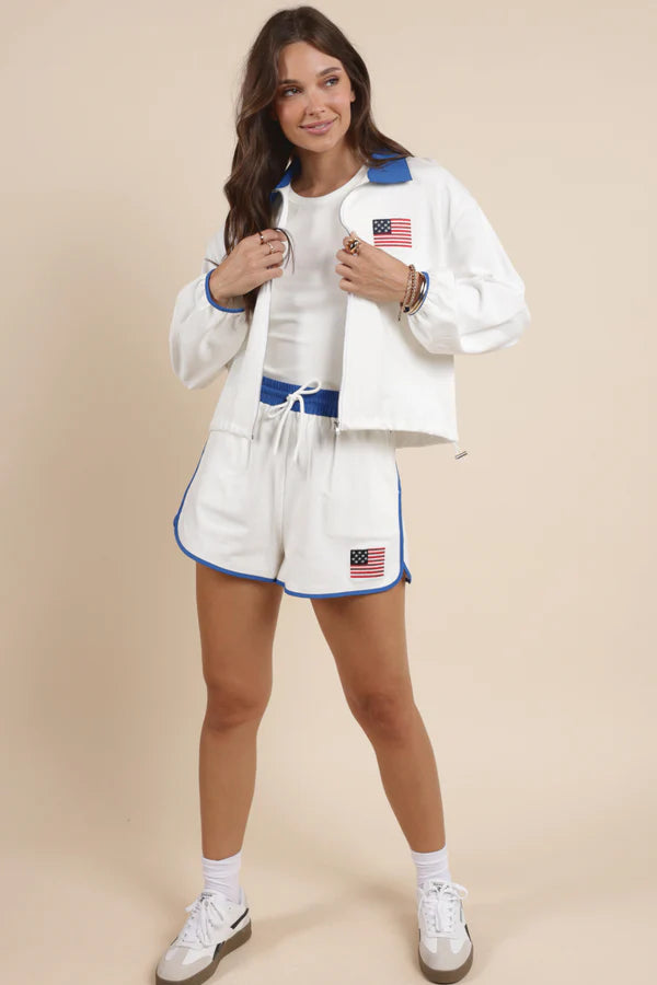 Patriotic Flag Embroidery Zipup Contrast Collar Jacket - White - BAY WINDOW