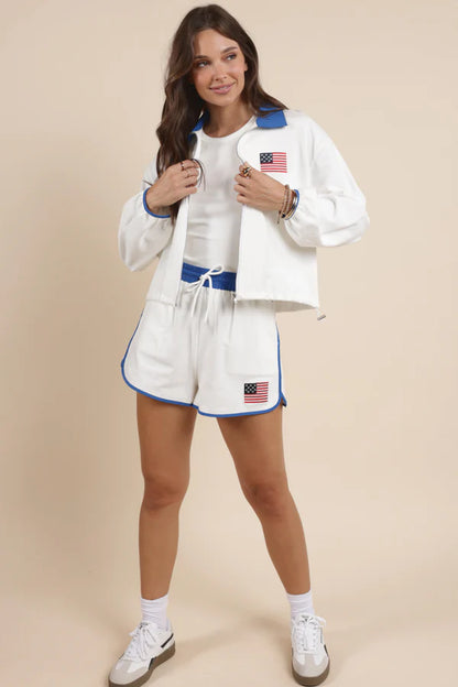 Patriotic Flag Embroidery Zipup Contrast Collar Jacket - White - BAY WINDOW