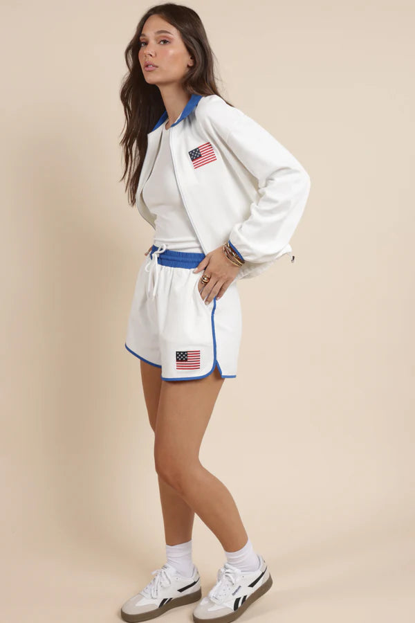 Patriotic Flag Embroidery Zipup Contrast Collar Jacket - White - BAY WINDOW