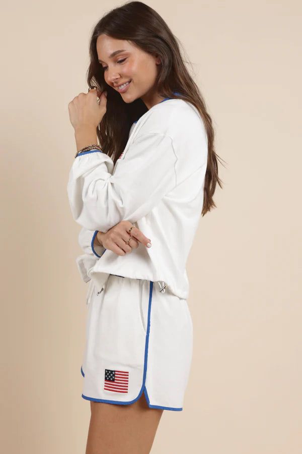 Patriotic Flag Embroidery Zipup Contrast Collar Jacket - White - BAY WINDOW