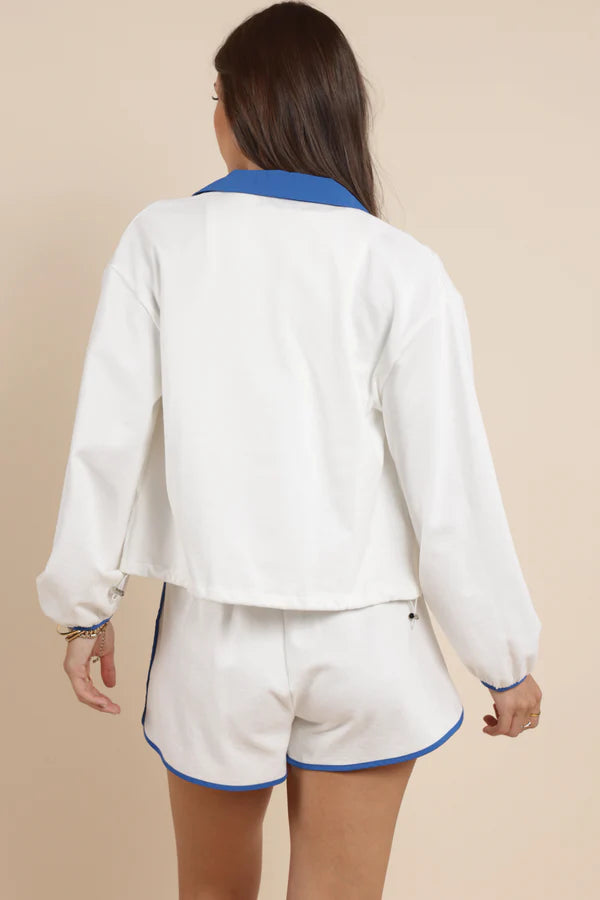 Patriotic Flag Embroidery Zipup Contrast Collar Jacket - White - BAY WINDOW