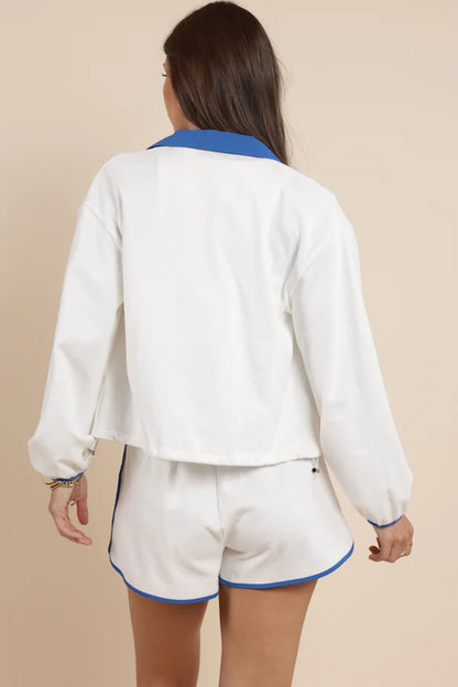 Patriotic Flag Embroidery Zipup Contrast Collar Jacket - White - BAY WINDOW