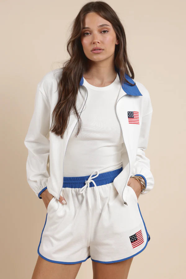 Patriotic Flag Embroidery Zipup Contrast Collar Jacket - White - BAY WINDOW