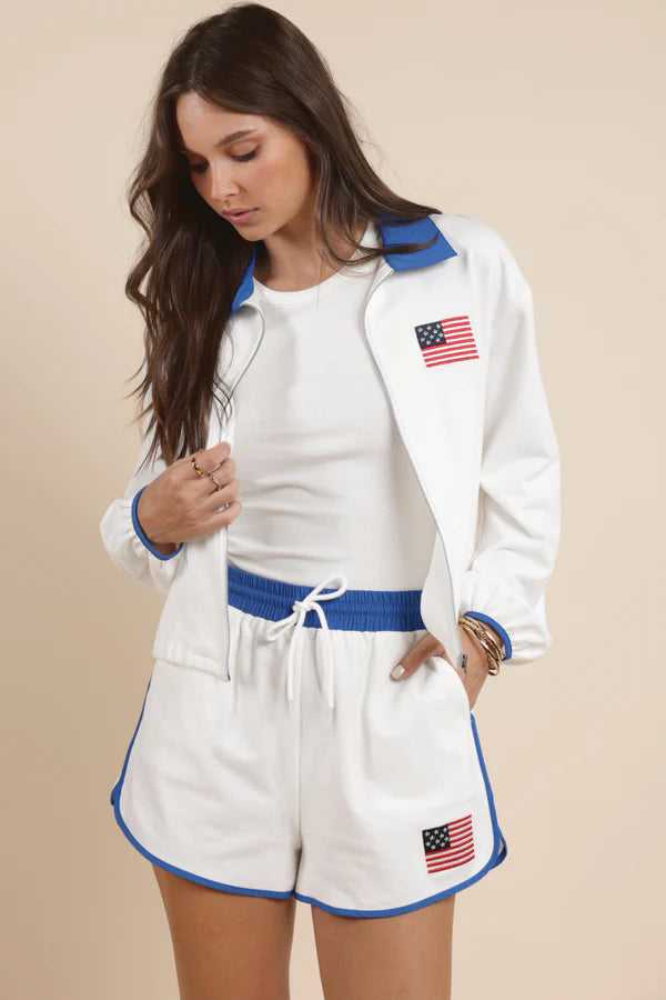 Patriotic Flag Embroidery Zipup Contrast Collar Jacket - White - BAY WINDOW