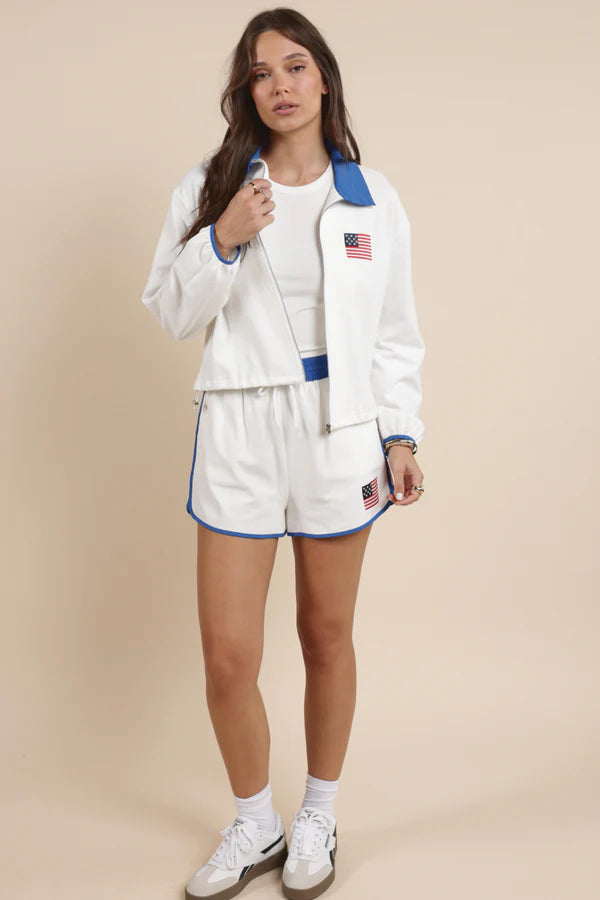 Patriotic Flag Embroidery Zipup Contrast Collar Jacket - White - BAY WINDOW