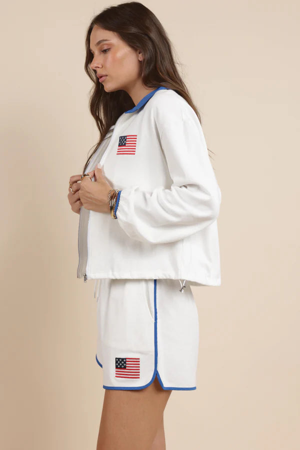 Patriotic Flag Embroidery Zipup Contrast Collar Jacket - White - BAY WINDOW