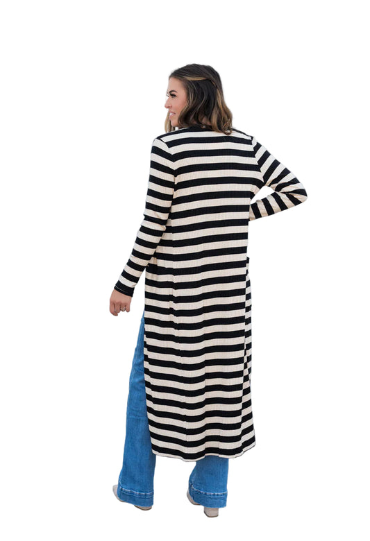 Soul Sisters Striped Rib Knit Long Cardi - Black/Ivory