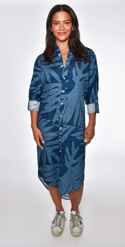 Blue Leaf Print Girlfriend Midi Dress - BAY WINDOW