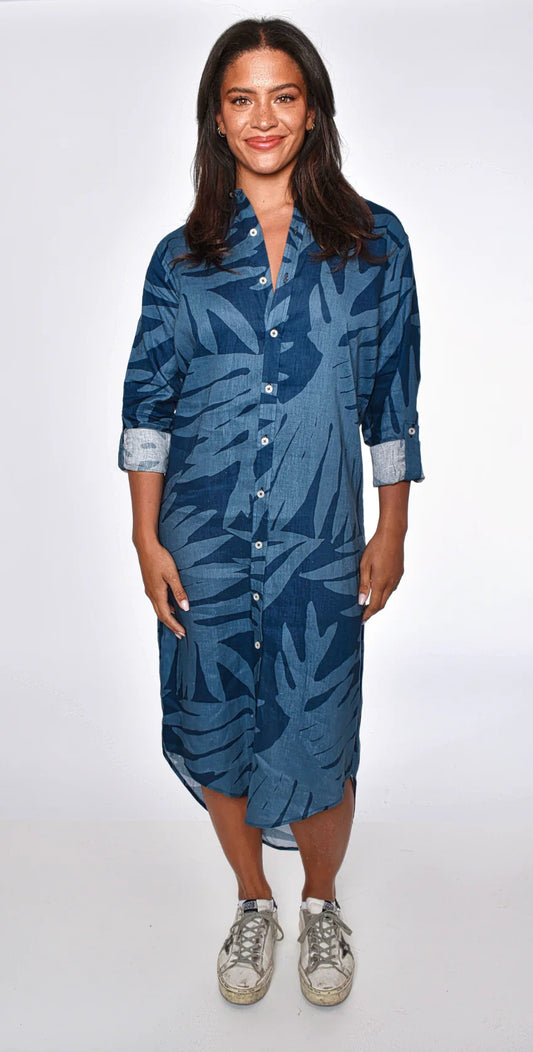 Blue Leaf Print Girlfriend Midi Dress - BAY WINDOW