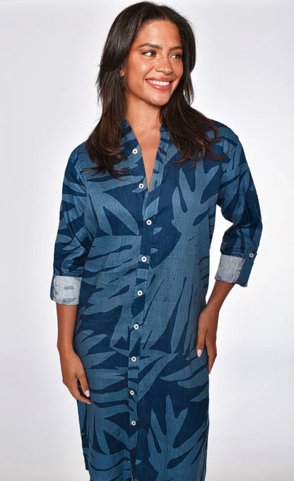 Blue Leaf Print Girlfriend Midi Dress - BAY WINDOW
