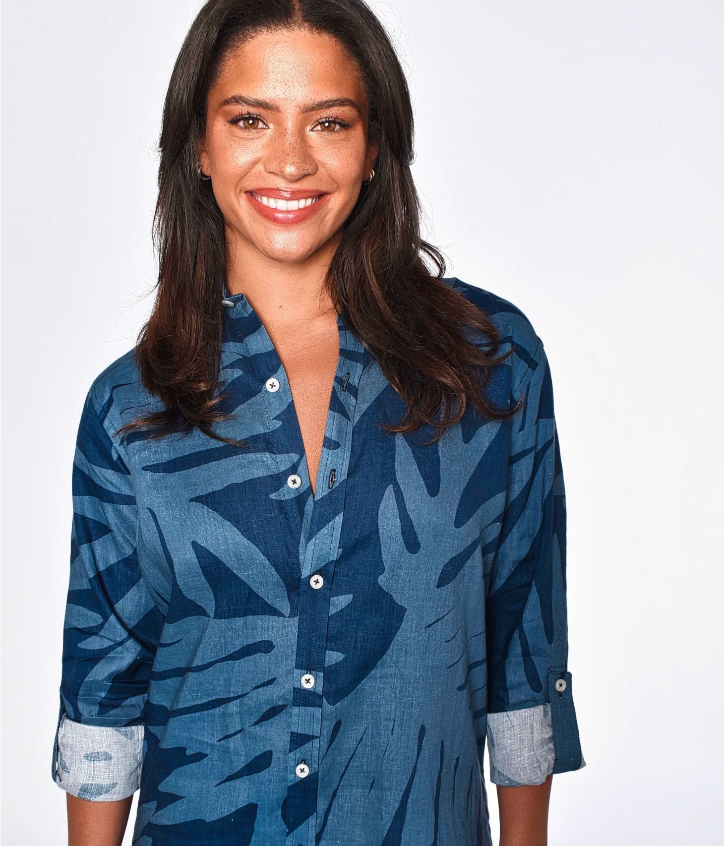 Blue Leaf Print Girlfriend Midi Dress - BAY WINDOW