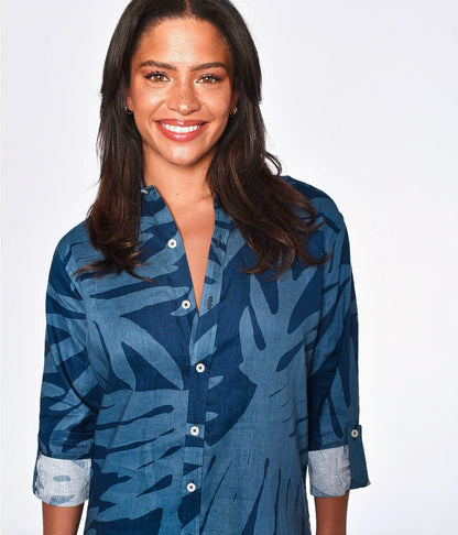 Blue Leaf Print Girlfriend Midi Dress - BAY WINDOW