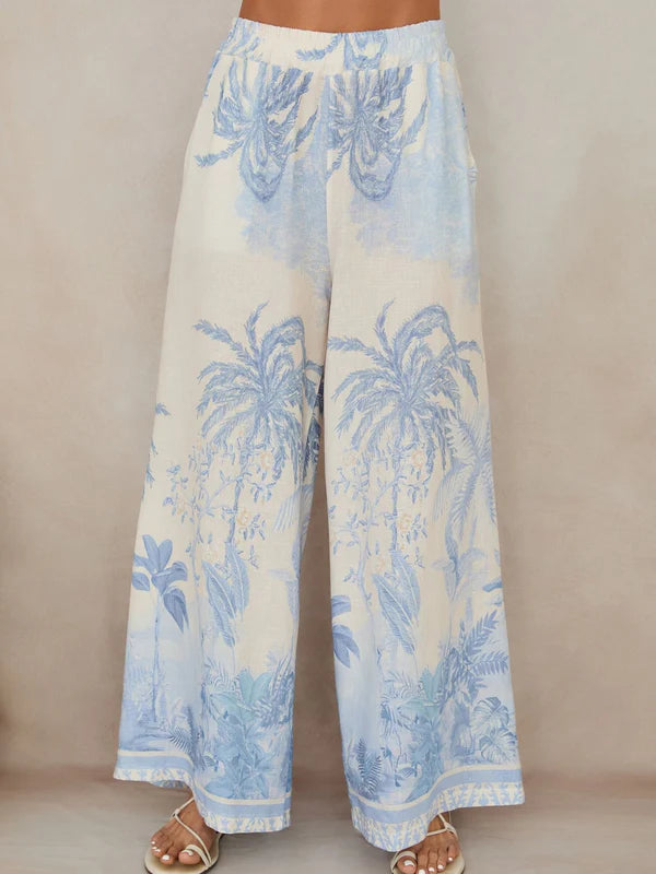 Tropical Palm Tree Wide Leg Linen Pants - Cream/Blue