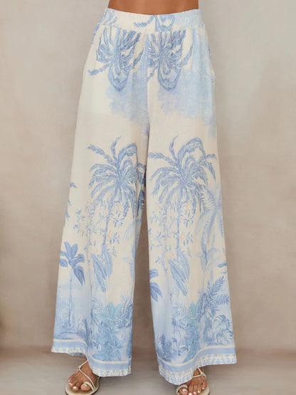 Tropical Palm Tree Wide Leg Linen Pants - Cream/Blue