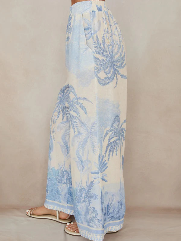 Tropical Palm Tree Wide Leg Linen Pants - Cream/Blue