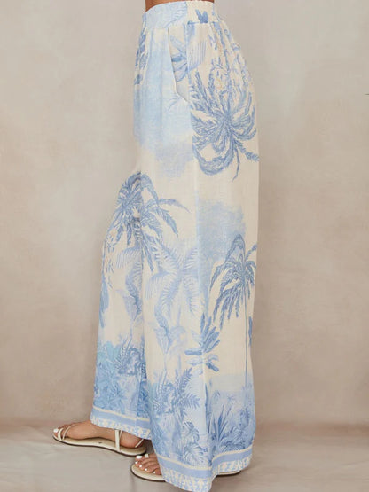 Tropical Palm Tree Wide Leg Linen Pants - Cream/Blue