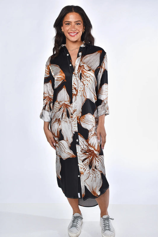 Black and White Big Flower Tencel Midi Dress - BAY WINDOW