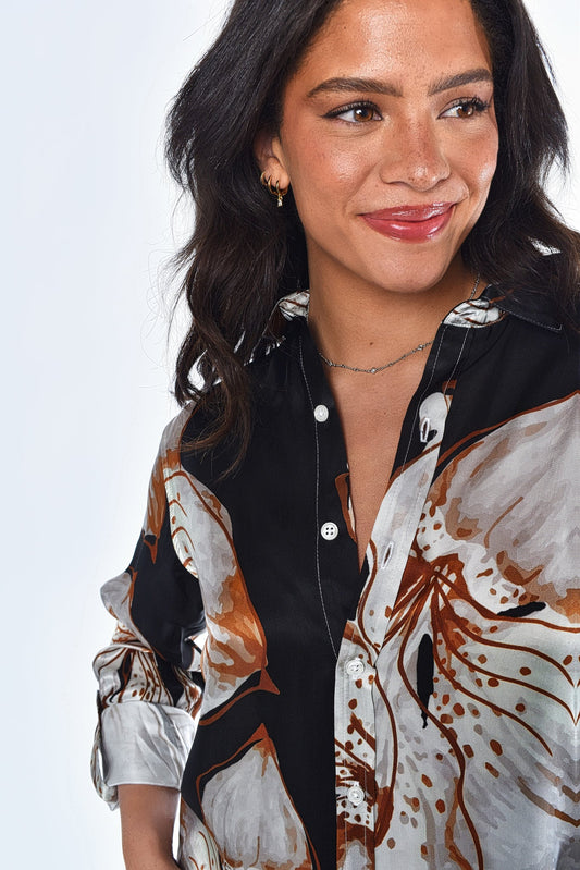 Black and White Big Flower Tencel Midi Dress - BAY WINDOW