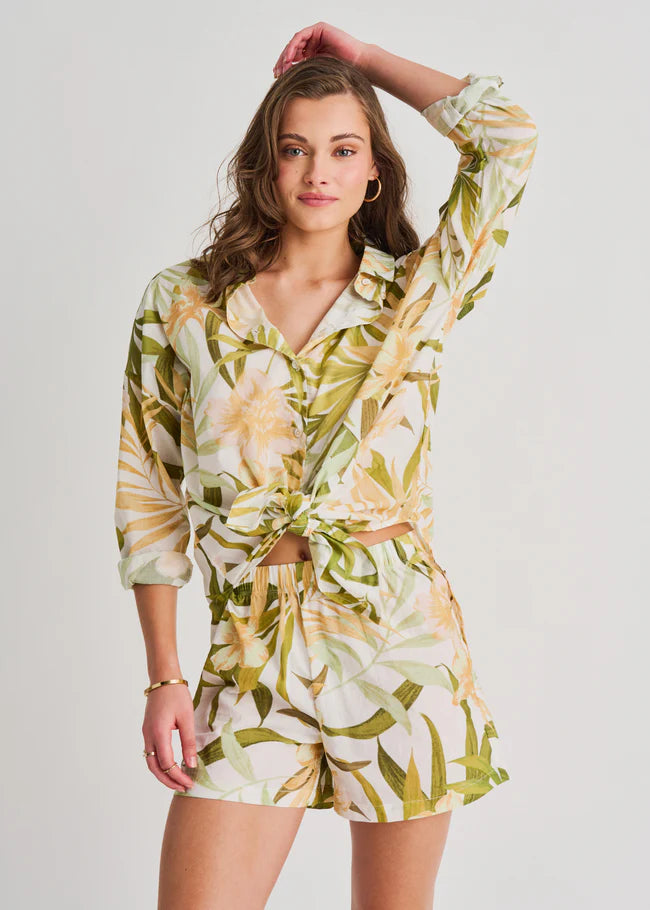 Cover Up Short Light Cotton Voile - Cream Garden - BAY WINDOW