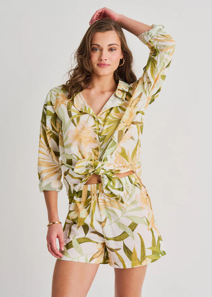 Cover Up Short Light Cotton Voile - Cream Garden - BAY WINDOW