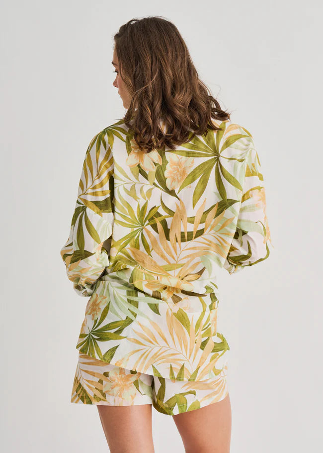 Cover Up Short Light Cotton Voile - Cream Garden - BAY WINDOW