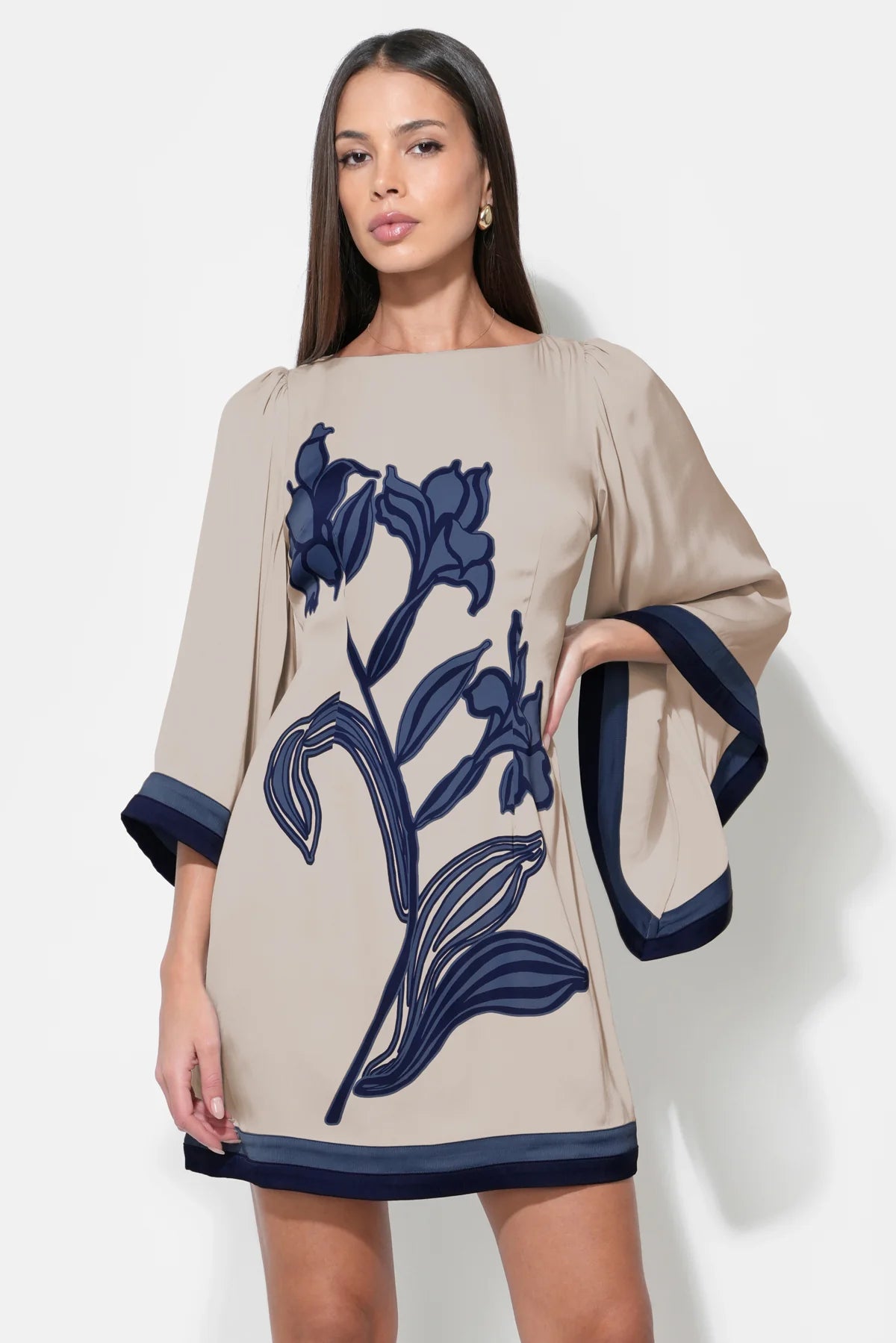 Emerson Bell Sleeve Blown Up Flower Mini Dress - Beige/Navy