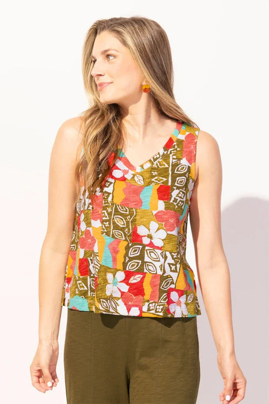 Isla Hand Block Cotton V-Neck Tank - Coral - BAY WINDOW