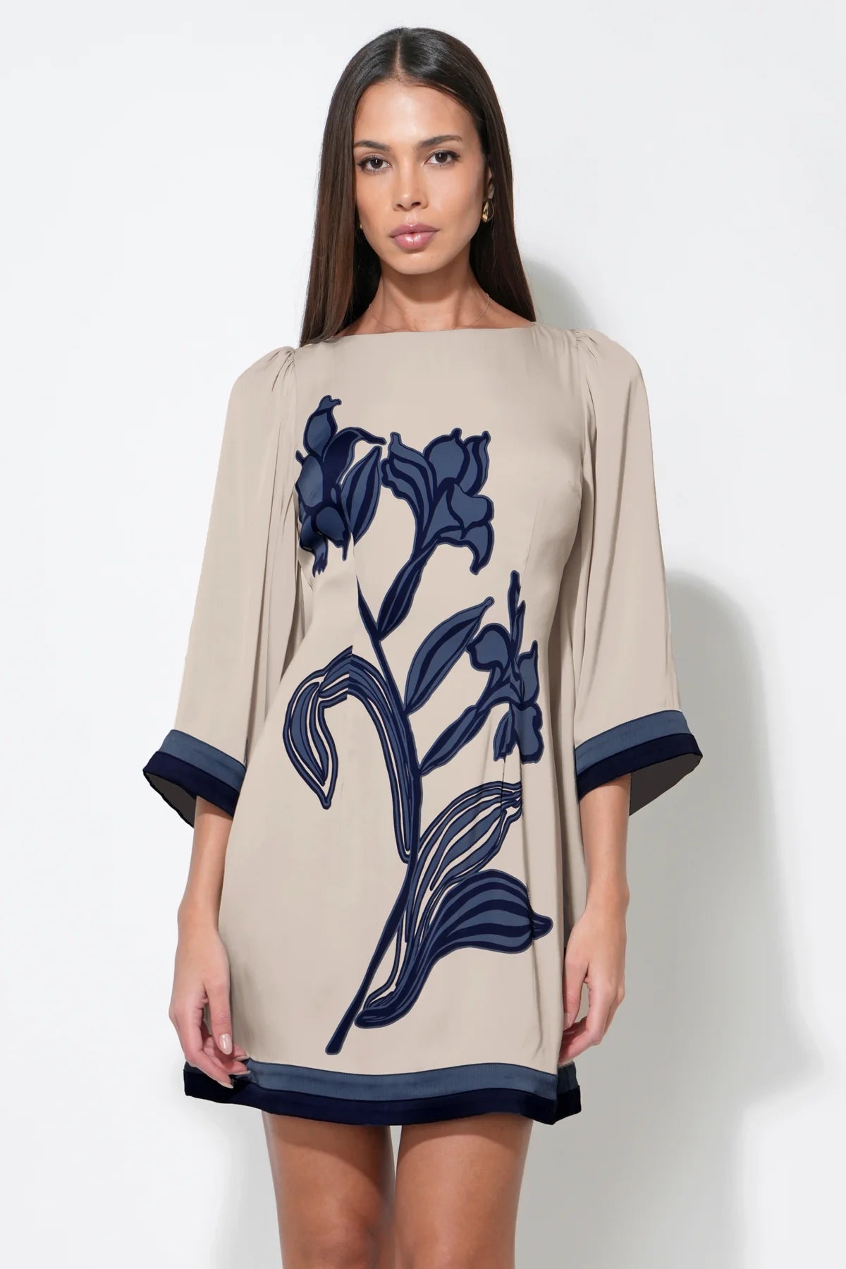 Emerson Bell Sleeve Blown Up Flower Mini Dress - Beige/Navy