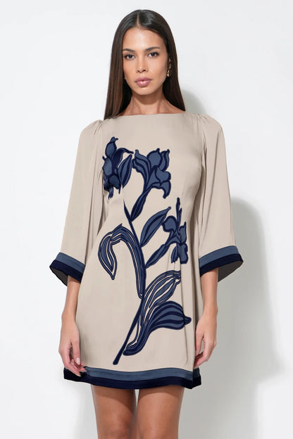 Emerson Bell Sleeve Blown Up Flower Mini Dress - Beige/Navy