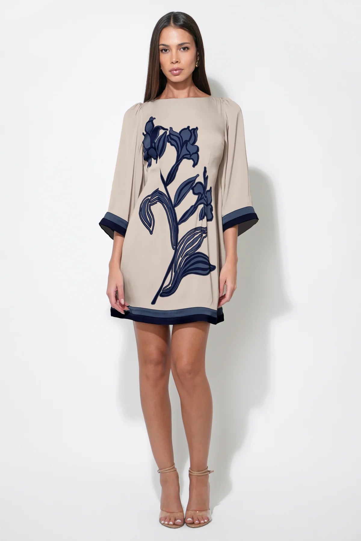 Emerson Bell Sleeve Blown Up Flower Mini Dress - Beige/Navy