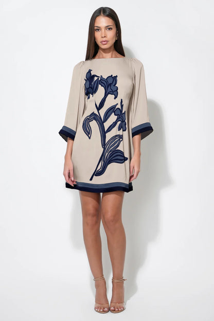 Emerson Bell Sleeve Blown Up Flower Mini Dress - Beige/Navy