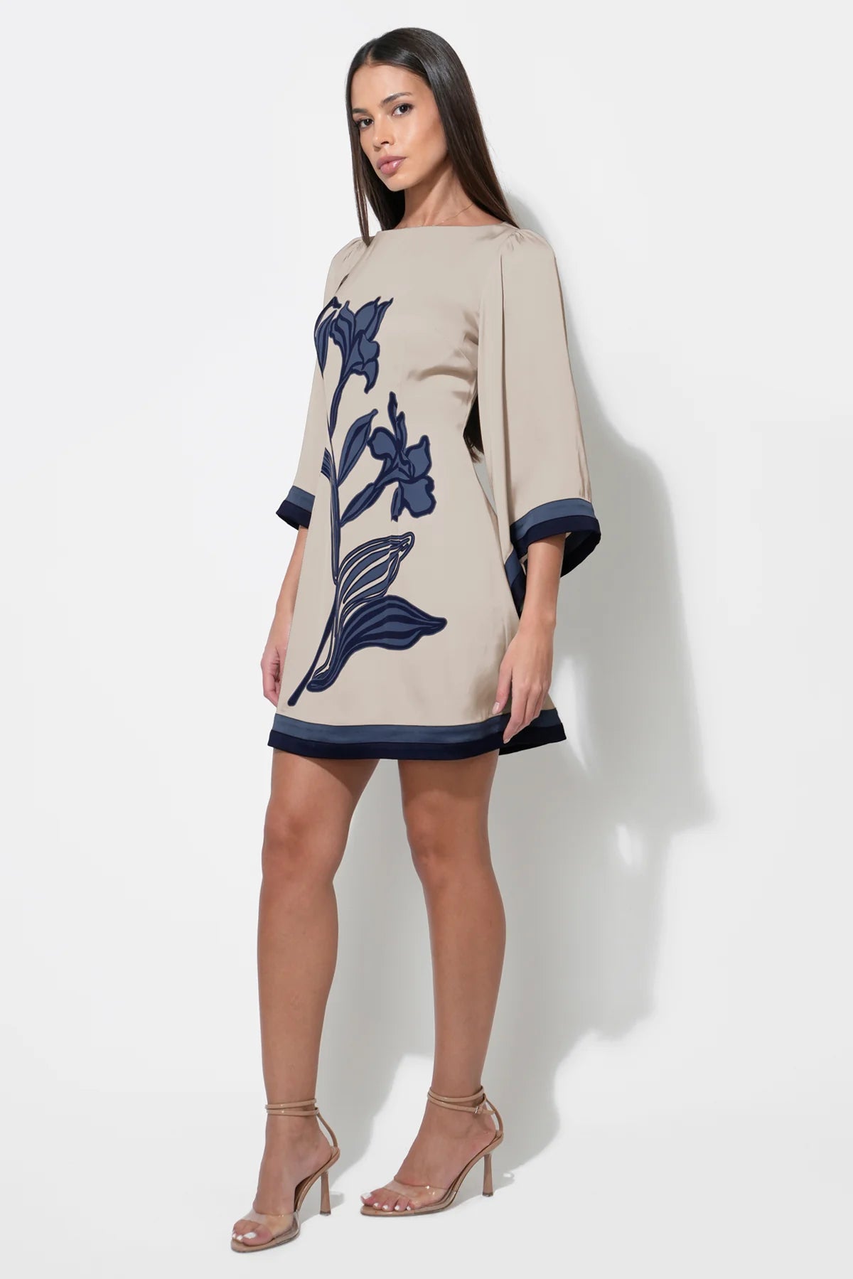 Emerson Bell Sleeve Blown Up Flower Mini Dress - Beige/Navy