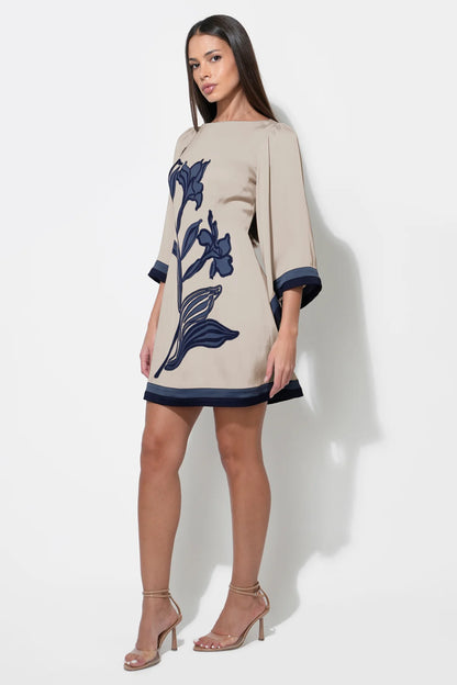 Emerson Bell Sleeve Blown Up Flower Mini Dress - Beige/Navy