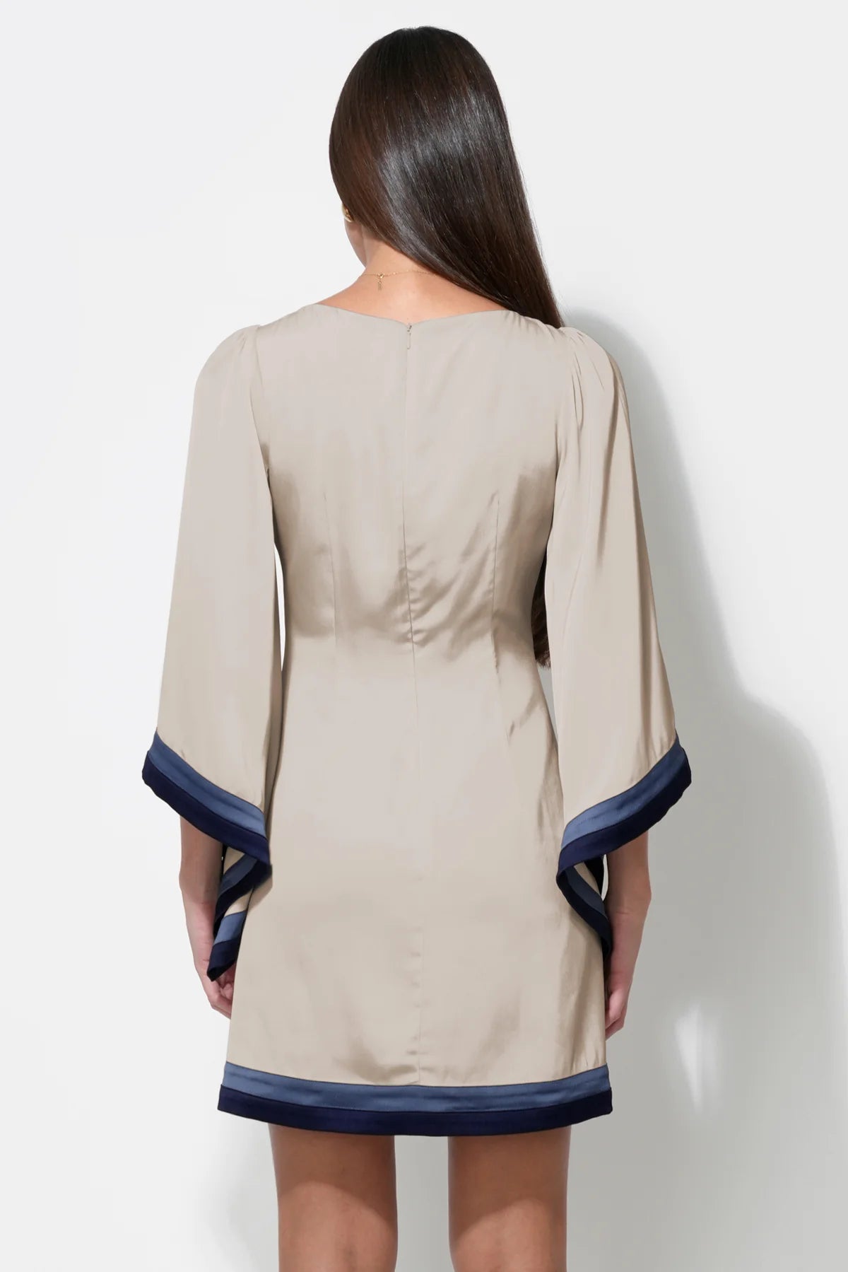 Emerson Bell Sleeve Blown Up Flower Mini Dress - Beige/Navy