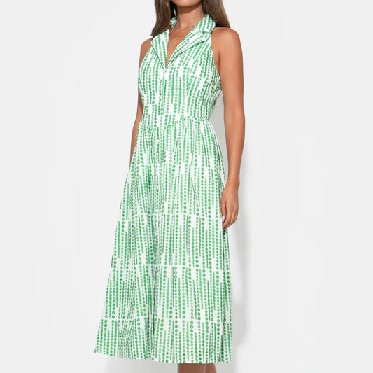 Ruby Halter Embroidery Midi Dress - White/Green