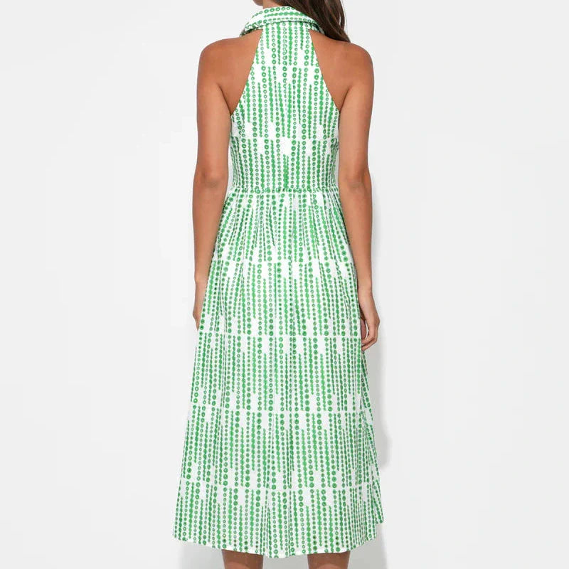 Ruby Halter Embroidery Midi Dress - White/Green